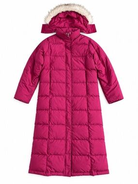 L.L. Bean Goose Down Full Length Puffer Coat Faux Fur Hood Magenta Pink M